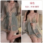 Guiruo Sexy Pure Desire Mesh Pajamas with Chest Pads Gathered Strap Sleeping Skirt Outer Robe Women's Home Furnishing Set P3772