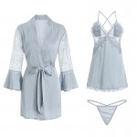 Guiruo satin stitching, embroidered lace and chest pad, sexy deep V cross seductive women's home wear set 1170