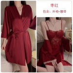 Guiruo Satin Lace Perspective and Chest Cushion Collar Low Chest Gathering Open Back Sleeping Dress Outer Robe Home Suit Set 3140