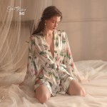 Guiruo Brand Sexy Lace Perspective Temptation Pajamas Printed Lace Up Outrobe Women's Home Fury Set 19165