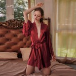 Guiruo Brand's New Spring/Summer Simulated Silk Cuff Splicing Lace Lace up Nightgown Bathrobe Home Furnishing 1001