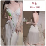 Guiruo Satin Slim Fit Perspective Mesh with Chest Pads Lace Deep V Temptation Sleeping Skirt Outer Robe Home Suit Set 3379