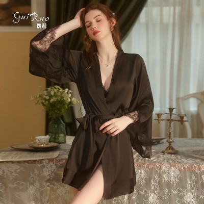 Guiruo Brand Sexy Lace Solid Cardigan Outer Gown Pajama Lace Up Slim Bathrobe Women's Home Fur Set 1001