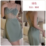 Ruo Ruo Sexy Lace Pure Desire Open Back with Chest Pads Gathered Ice Silk Pajamas Comfortable Outer Robe Home Suit Set 3124