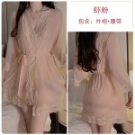 Guiruo Sweet Mesh Lace Deep V with Chest Pads Pure Desire Sling Sleeping Dress Outer Robe Women's Home Suit Set P3772