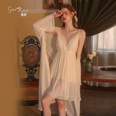 Guiruo Sexy Lace Mesh Perspective Attractive Deep V Sling Sleeping Dress Casual Outrobe Women's Home Furnishing Set 2133