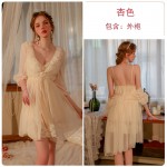 Guiruo Sexy Deep V Flower Decoration Princess Style Mesh Sleeping Dress Buckle Outer Robe Women's Home Suit Set P2865