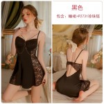 Guiruo Sexy Backless Temptation with Chest Pads Gathered Satin Suspender Sleeping Dress Outer Robe Women's Home Furnishing Set C3461