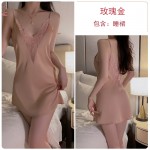 Guiruo Pure Desire Sexy Open Back Ice Silk Pajamas Simple Sling Pajama Dress French Robe Women's Home Fur Set 1906