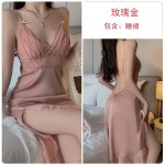 Guiruo Sexy Backless Temptation with Chest Pads Gathered Strap Sleeping Dress Pure Desire Mesh Outer Robe Home Suit Set 3372