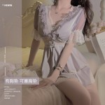 Ruo Ruo Solid Satin Sweet Lace and Chest Cushion Sexy Open Heart Temptation Top Shorts Home Suit Set 3571