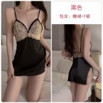 Guiruo Sexy Deep V Satin Lace Perspective Temptation Sling Sleeping Dress Simple Outer Robe Women's Homewear Set 891