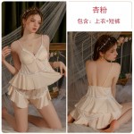 Guiruo Solid Satin Patched Lace V-Neck with Chest Cushion Suspender Shorts Outer Robe Women's Homewear Set 3555