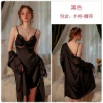 Guiruo Deep V Temptation Backless Lace up Slim Sleepwear Chest Pads Gathered Strap Skirt Outer Robe Home Suit Set J2708