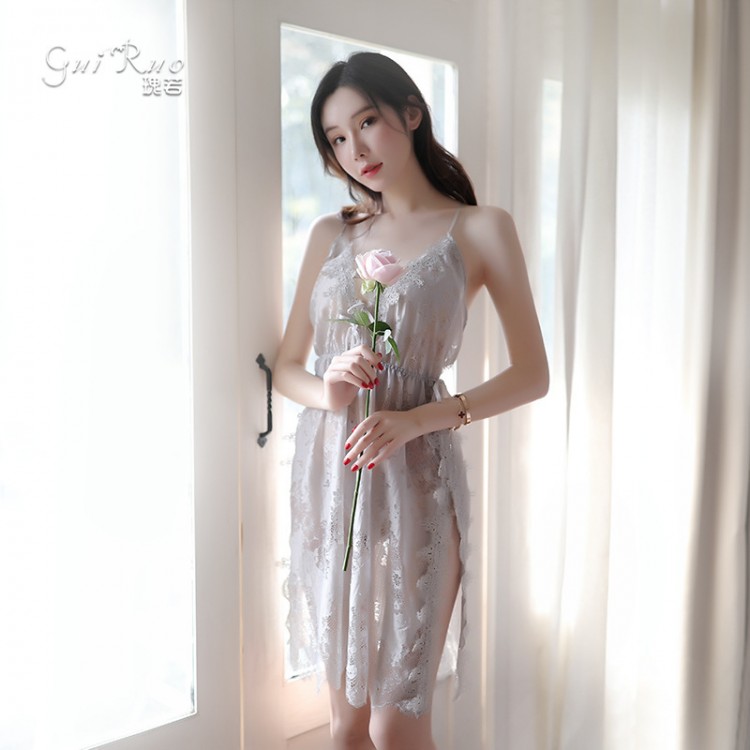 Guiruo high-end European and American large size seductive sexy lingerie with side slit lace suspender pajamas for women's transparent and fun pajamas