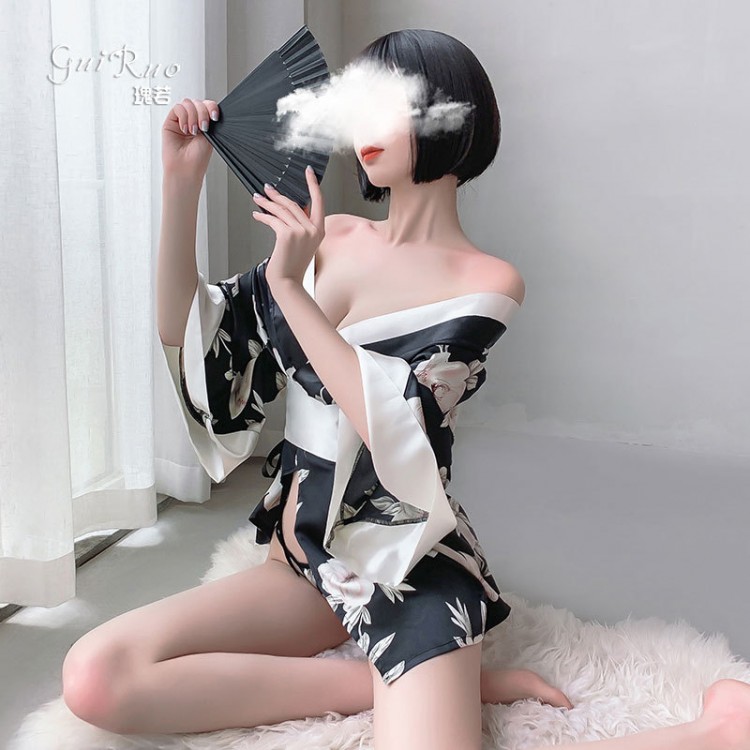 Guiruo Fun Lingerie Uniform Temptation Open Front Printed Japanese Bow Big Cuffs Kimono Sexy Set 693