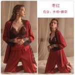 Ruo Ruo Sexy Satin Lace Open Back Sexy Private Bedgown Three Piece Solid Color Women's Homewear Set 19076