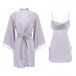 Guiruo Sexy Stacked Collar Lace Perspective Pure Desire Split Sling Sleeping Dress Satin Outer Robe Home Suit Set 2063