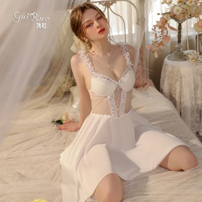 Guiruo Pure Desire Lace Perspective Open Back Chest Cushion Gathered Strap Sleeping Dress Outer Robe Women's Home Suit Set J3134