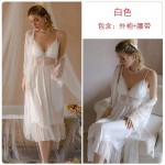 Guiruo Sexy Plus Chest Cushion Long Gathering Pajama Mesh Perspective Sling Dress Outer Robe Home Suit Set J3439