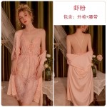 Guiruo Sexy Lace Side Slits Deep V Suspended Sleeping Dress Comfortable Outer Robe Large Women's Home Furnishing Set 311