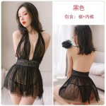 Guiruo Deep V Pleated Open Back Design Perspective Double Layer Mesh Skirt Sexy Hanging Neck Sleeping Dress Home Suit 630