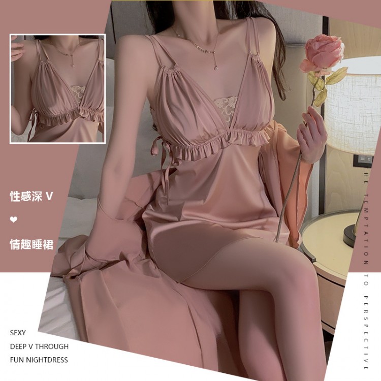 Ruo Ruo Satin Sweet Lace Deep V Open Back Drawstring Chest Support Gathering Sleeping Dress Outer Robe Women's Home Set 3210