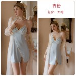 Guiruo Fresh Fragmented Flower Embroidery Sexy Small Split with Chest Cushion Satin Sleeping Dress Mesh Outer Robe Home Furnishing P2754