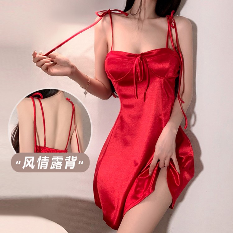 Guiruo Sexy Slim Sleepwear Solid Color Slim Fit Small Chest Large Open Back Suspended Sleepwear for Women Home Furnishing Set 1308