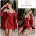 Guiruo Chunxia Pure Desire Pajama Mesh Perspective Temptation Steel Ring Chest Cushion Gathering Sling Sleeping Dress Outer Robe Set 3142