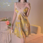 Guiruo Brand Yellow Fragmented Flower Chest Cushion with Satin Cross Lace Waist for Slim and Comfortable Sleeping Dress Outrobe Set 3788