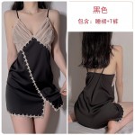 Guiruo Summer Thin Ice Silk Pajamas Women's Sexy Deep V Lace Open Back Pajama Dress Home Suit Set 1216