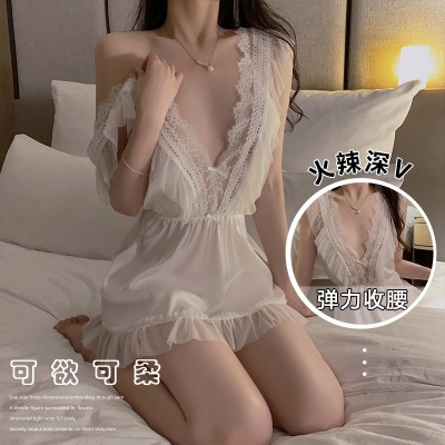 Guiruo Pure Desire Style Satin Face Collage Lace Deep V Sexy Open Back Elastic Waist Strap Sleeping Dress Home Suit 1480