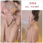 Guiruo Brand Mesh Perspective Splice Lace Chest Cushion Suspender Sleeping Dress Simple Outer Robe Women's Home Furnishing Set 2744