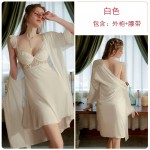 Guiruo Satin Combination Yarn Perspective Lace and Chest Cushion Sexy Open Back Sleeping Dress Silk Smooth Outer Robe Home Suit Set 2703