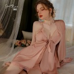 Guiruo Summer New Sexy Backless Temptation with Chest Pads Gathered Strap Sleeping Dress Outer Robe Home Suit Set 3235