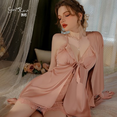 Guiruo Summer New Sexy Backless Temptation with Chest Pads Gathered Strap Sleeping Dress Outer Robe Home Suit Set 3235