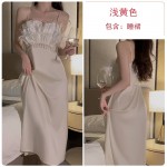 Ruo Ruo Light Luxury Style Sexy Open Back Feather Pearl Slim Fit Slim and Long Style Hanging Strap Home Nightwear Set P3202