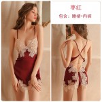 Guiruo Autumn and Winter Sexy Lace Low cut Pajamas with Lace Lace Lace Lace Lace Lace Lace Lace Lace Backless Satin Thin Sling Dress Home Suit Set 966