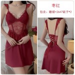 Ruo Ruo Satin Face with Chest Cushion Perspective Lace Deep V Temptation Sweet Flying Sleeves Sexy Backless Homewear Sleepwear J3305