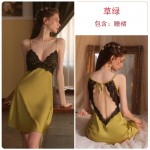 Guiruo Brand Sexy and Spicy Hollow out Hanging Pajama Dress with Casual Chest Cushion Ice Silk Pajama Home Suit Set 2621