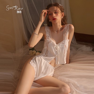 Guiruo Brand Pure Desire Hanging Pajamas Satin Thin Women's Shorts Lace Charm Seduction Home Suit Set 2507