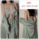 Ruo Ruo Sexy Satin Lace Open Back Sexy Private Bedgown Three Piece Solid Color Women's Homewear Set 19076