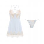 Guiruo Brand Spring/Summer New Women's Sexy V-neck Satin Patch Lace Suspender Sleepwear Home Suit Set 966