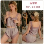 Guiruo Brand Sexy Open Front Outrobe Lace up Satin Lace Perspective Three Piece Women's Homewear Set 2507