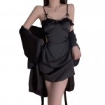 Guiruo Satin Low Chest Gathering with Chest Cushion Sexy Open Back Hollow out Drawstring Nightgown Outer Robe Home Set P3144