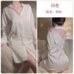 Guiruo Underwear Satin Perspective Lace 3D Bow Sexy Open Front Boyfriend Style Shirt Home Sleeping Dress 3447