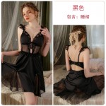 Guiruo Satin Mesh Perspective Deep V Hollow and Chest Cushion Sexy Open Back Sleeping Dress Outrobe Home Suit Set J3189