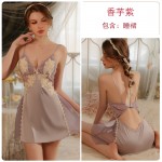 Ruo Ruo Sweet Style Solid Satin Sexy V-neck Low cut Sexy Translucent Yarn with Chest Cushion Open Back Strap Short Skirt P3216