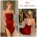 Guiruo Summer One Line Neck Pleated Sexy Split Open Back Lace up Temptation Women's Satin Nightgown Outrobe Set 3469